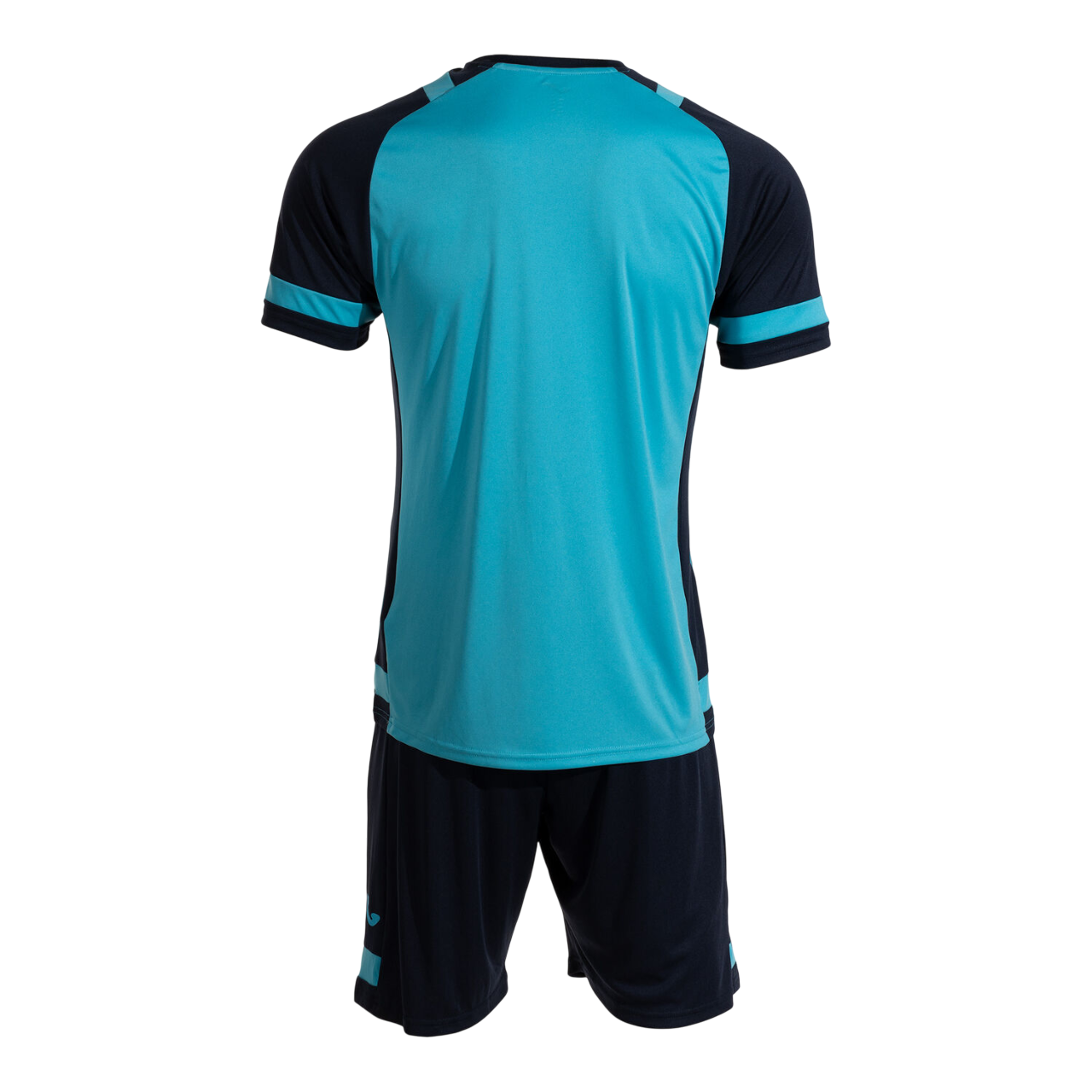 Completo sportivo Joma Lider Set uomo #104285.013 turchese fluorescente e blu scuro, t-shirt con collo rotondo e pantaloncino coordinato, pannelli in mesh traspirante