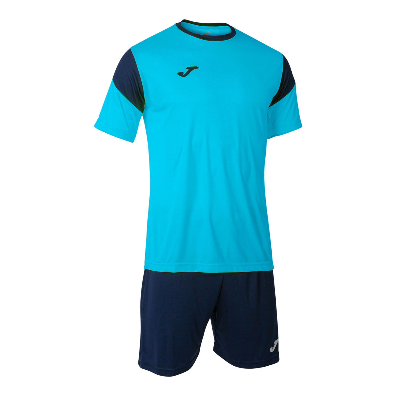 Completo sportivo Joma Phoenix Set uomo #102741.013 turchese fluorescente e blu navy, t-shirt con collo rotondo e pantaloncino coordinato, tessuto tecnico traspirante