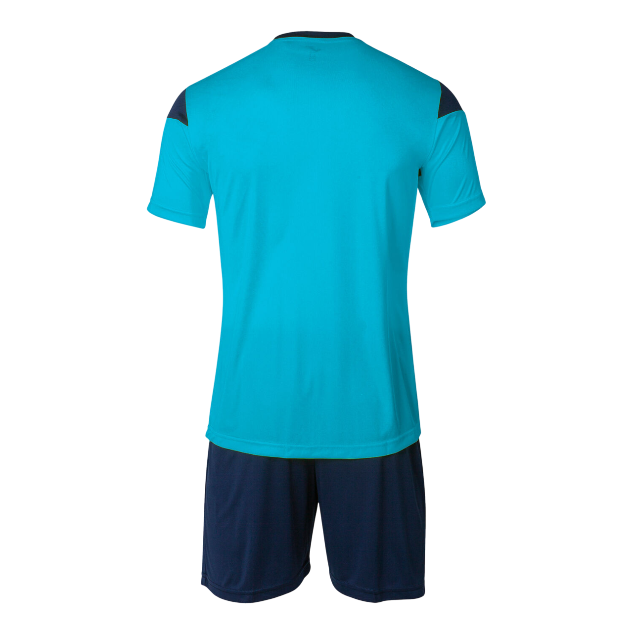 Completo sportivo Joma Phoenix Set uomo #102741.013 turchese fluorescente e blu navy, t-shirt con collo rotondo e pantaloncino coordinato, tessuto tecnico traspirante