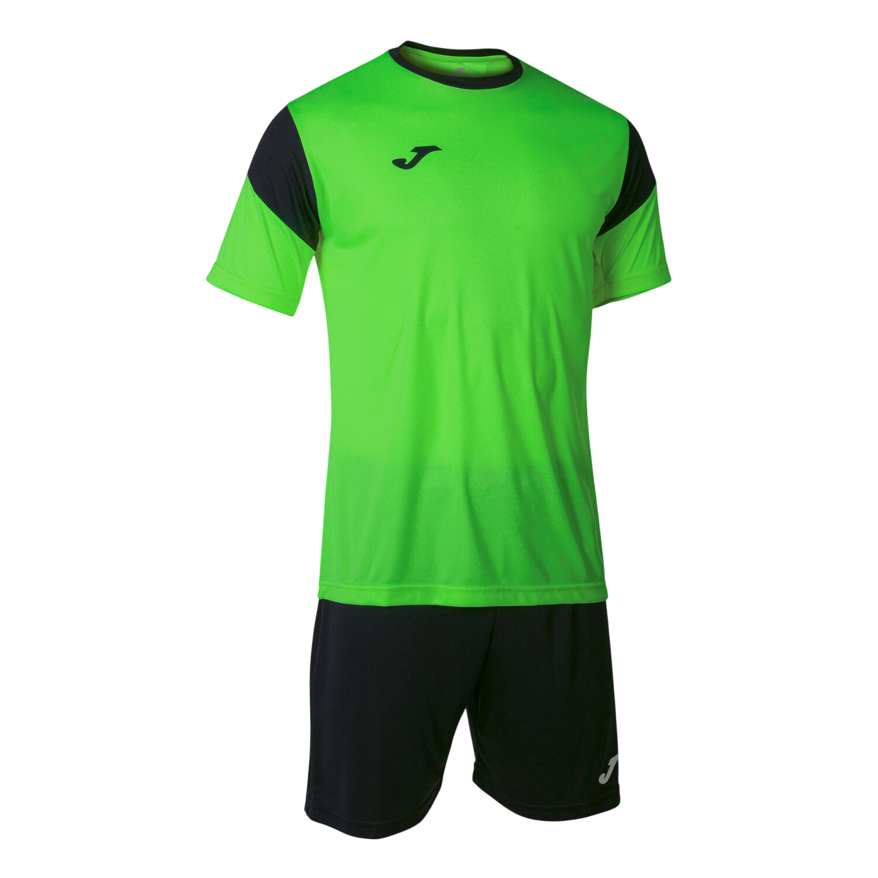Completo sportivo Joma Phoenix Set uomo #102741.021 verde fluorescente e nero, t-shirt con collo rotondo e pantaloncino coordinato, tessuto tecnico traspirante