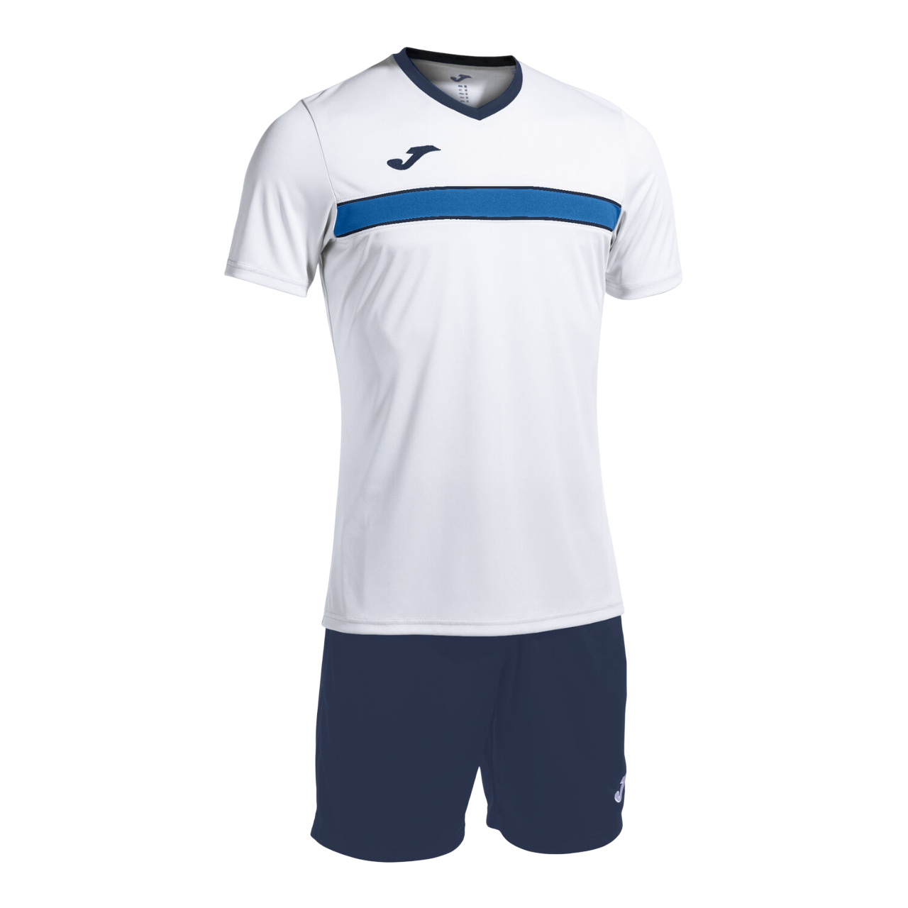 Completo calcio Joma Victory Set uomo #103734.203 bianco/blu, maglia con collo a V e pantaloncino coordinato, tessuto traspirante con dettagli a contrasto