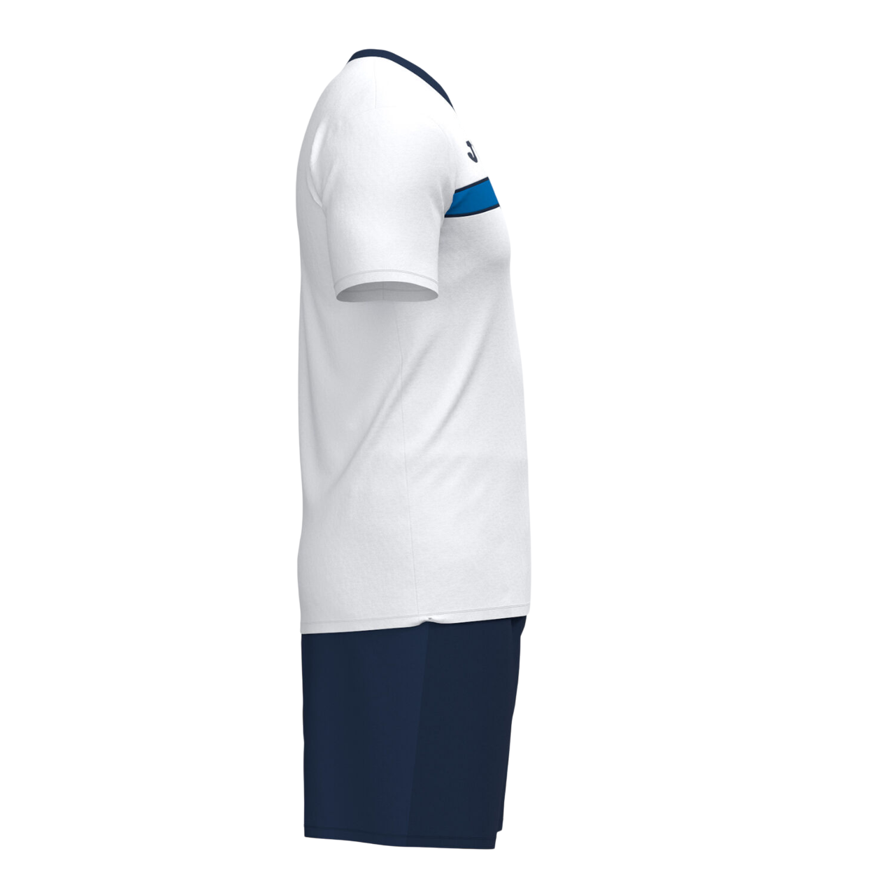 Completo calcio Joma Victory Set uomo #103734.203 bianco/blu, maglia con collo a V e pantaloncino coordinato, tessuto traspirante con dettagli a contrasto