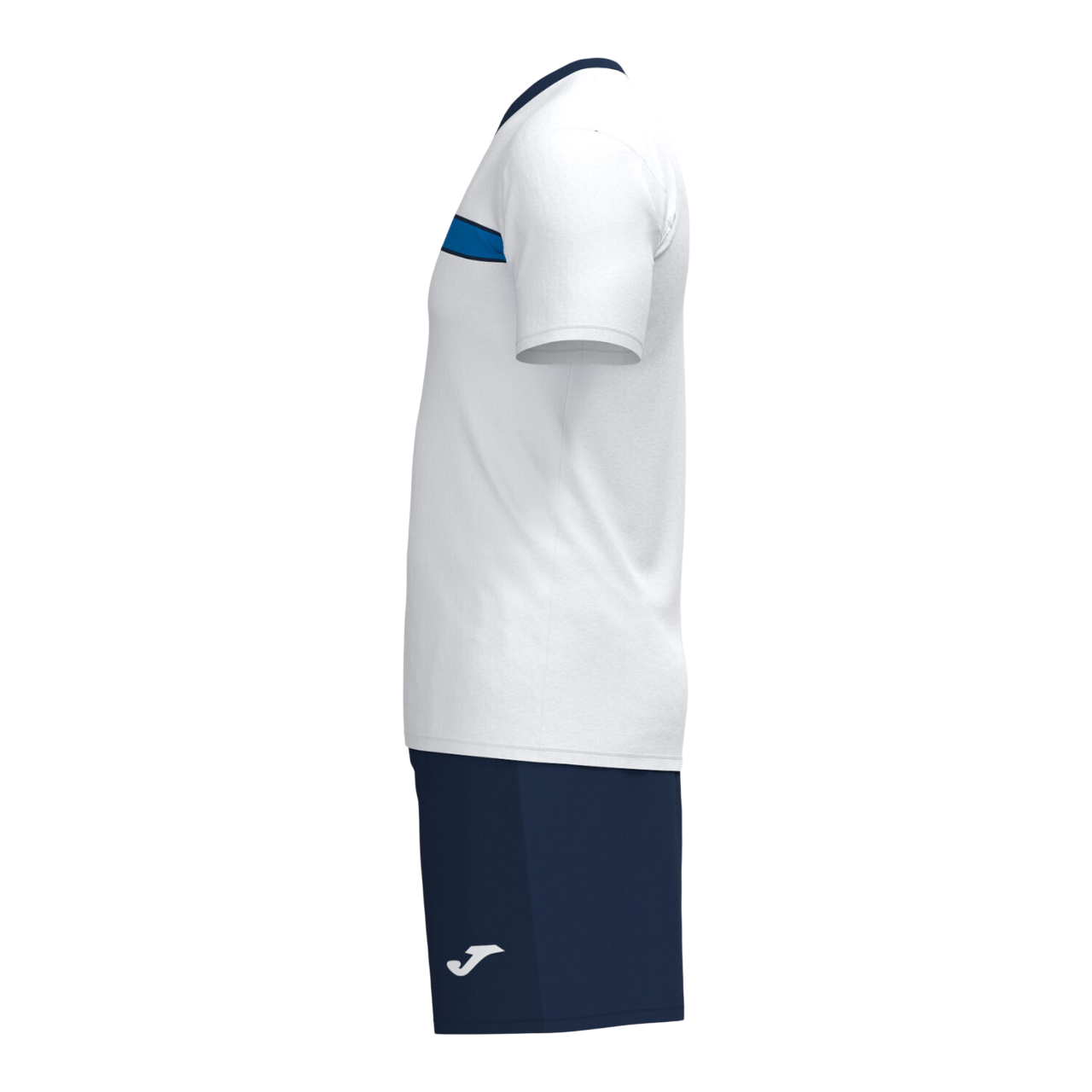Completo calcio Joma Victory Set uomo #103734.203 bianco/blu, maglia con collo a V e pantaloncino coordinato, tessuto traspirante con dettagli a contrasto