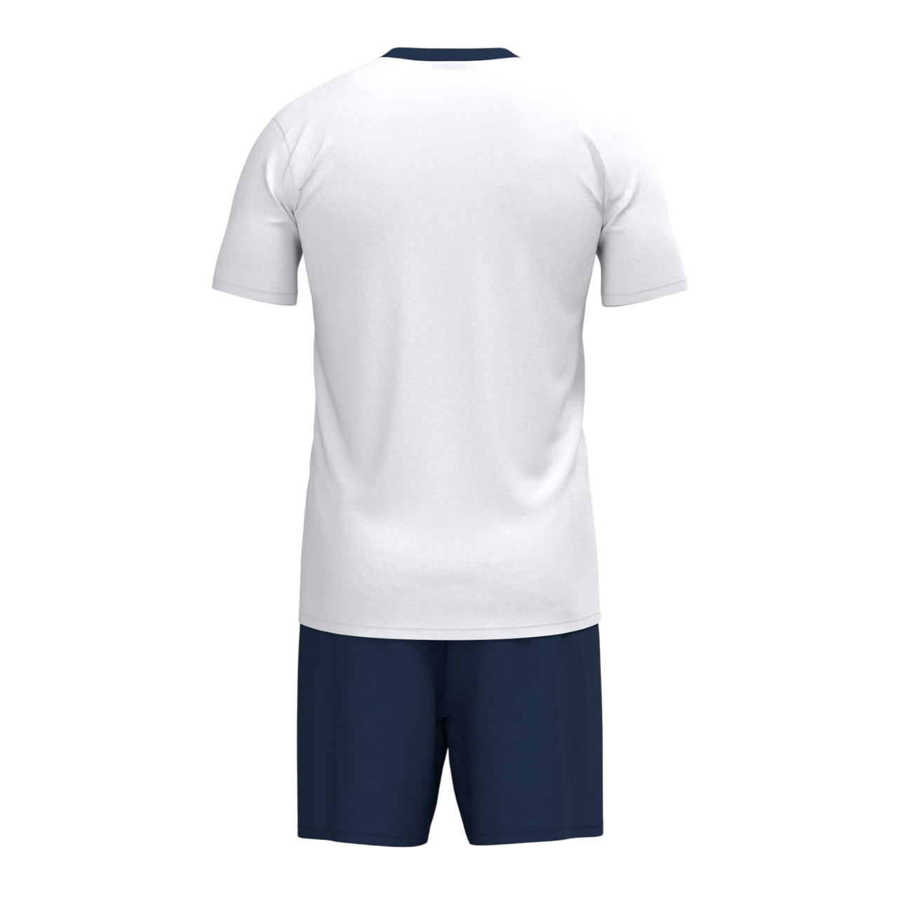 Completo calcio Joma Victory Set uomo #103734.203 bianco/blu, maglia con collo a V e pantaloncino coordinato, tessuto traspirante con dettagli a contrasto