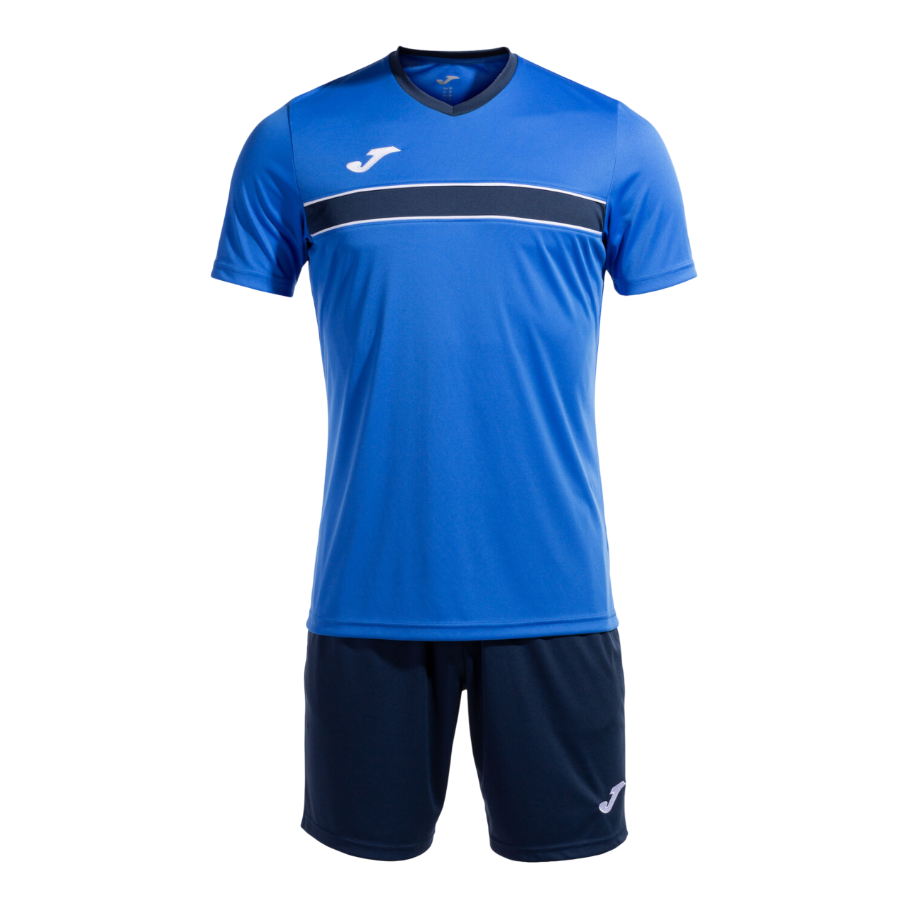 Completo calcio Joma Victory Set uomo #103734.703 blu reale/blu navy, maglia con collo a V e pantaloncino coordinato, tessuto traspirante con dettagli a contrasto
