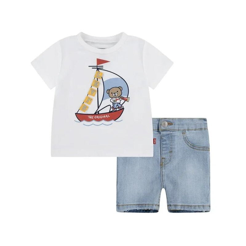 Levi's Kids completo maglietta e pantaloncino in jeans da bambino 6EM326-W1T bianco-blu medio