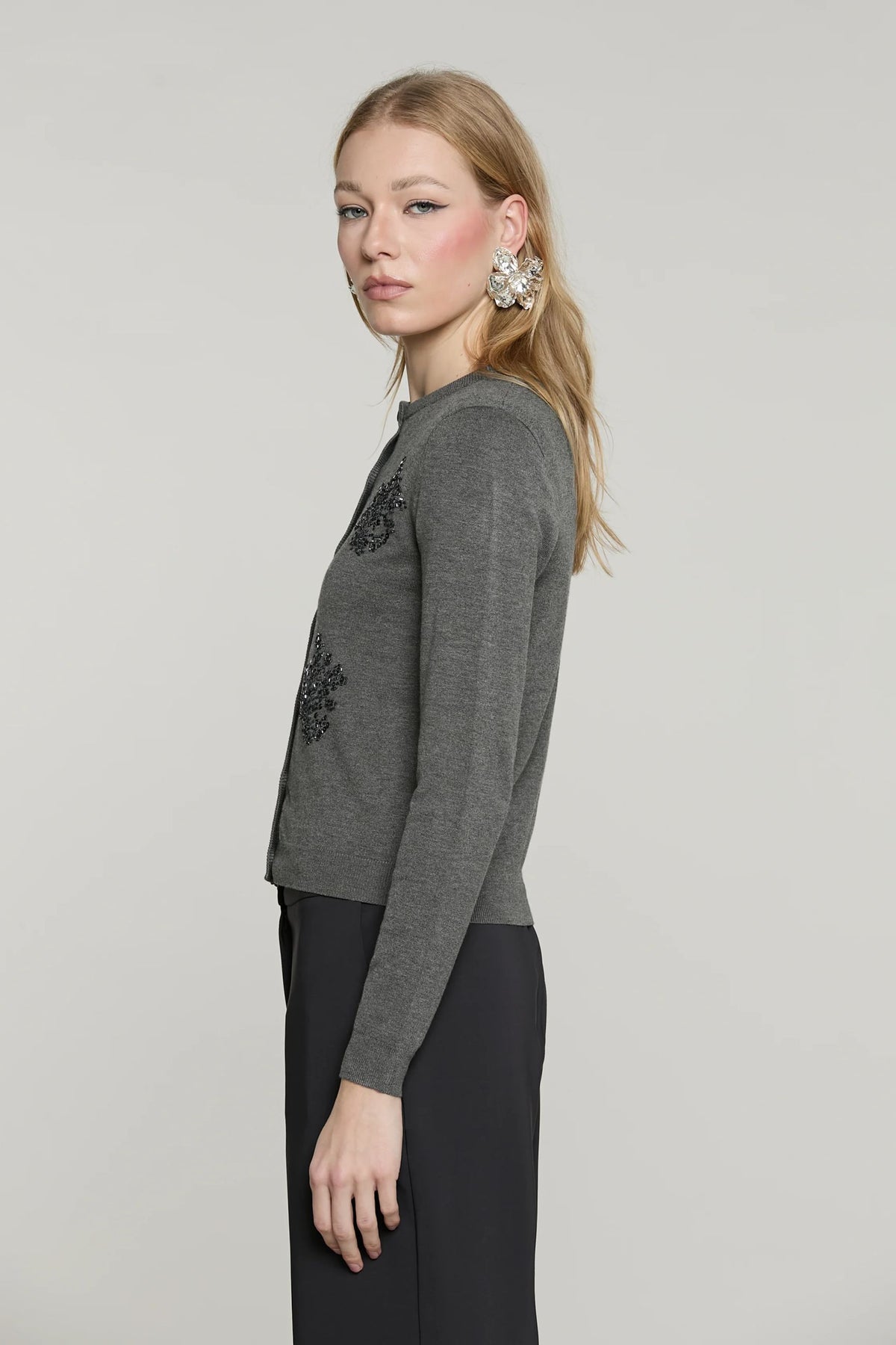 Relish Cardigan SILVANI manica lunga girocollo con ricamo paillettes più baguette RDA2602054045 grigio
