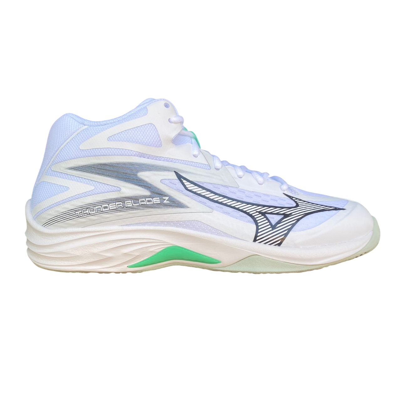 Scarpe da pallavolo Mizuno Thunder Blade Z Mid modello V1GA237516 colore bianco con design mid-cut per protezione caviglia professionale, vista esterna