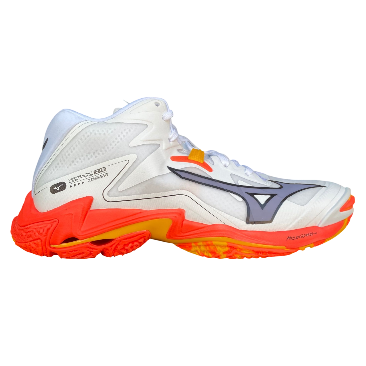 Scarpe da pallavolo Mizuno Wave Lightning Z8 Mid modello V1GA240598 colore bianco elite, 8ª generazione leggendaria con design mid-cut per campioni olimpici, vista esterna