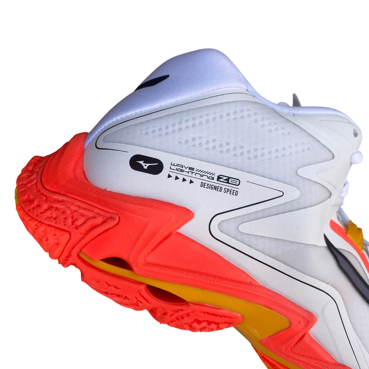 Scarpe da pallavolo Mizuno Wave Lightning Z8 Mid modello V1GA240598 colore bianco elite, 8ª generazione leggendaria con design mid-cut per campioni olimpici, vista suola