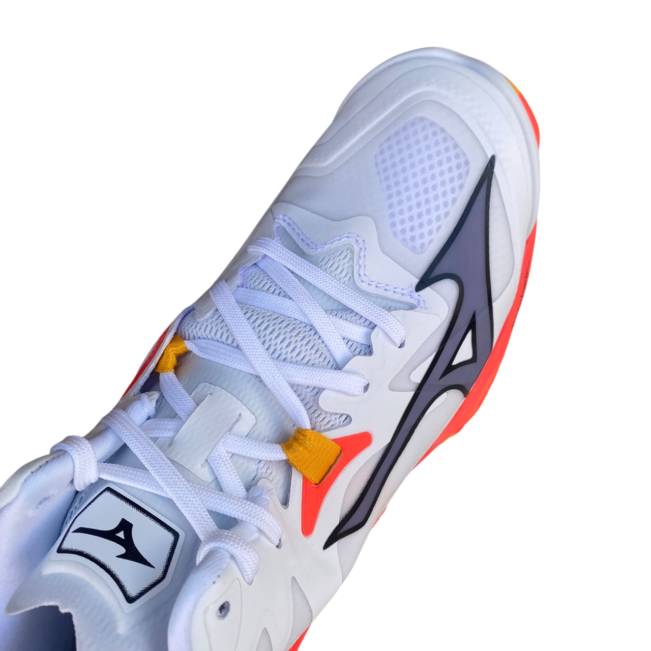 Scarpe da pallavolo Mizuno Wave Lightning Z8 Mid modello V1GA240598 colore bianco elite, 8ª generazione leggendaria con design mid-cut per campioni olimpici, vista tomaia