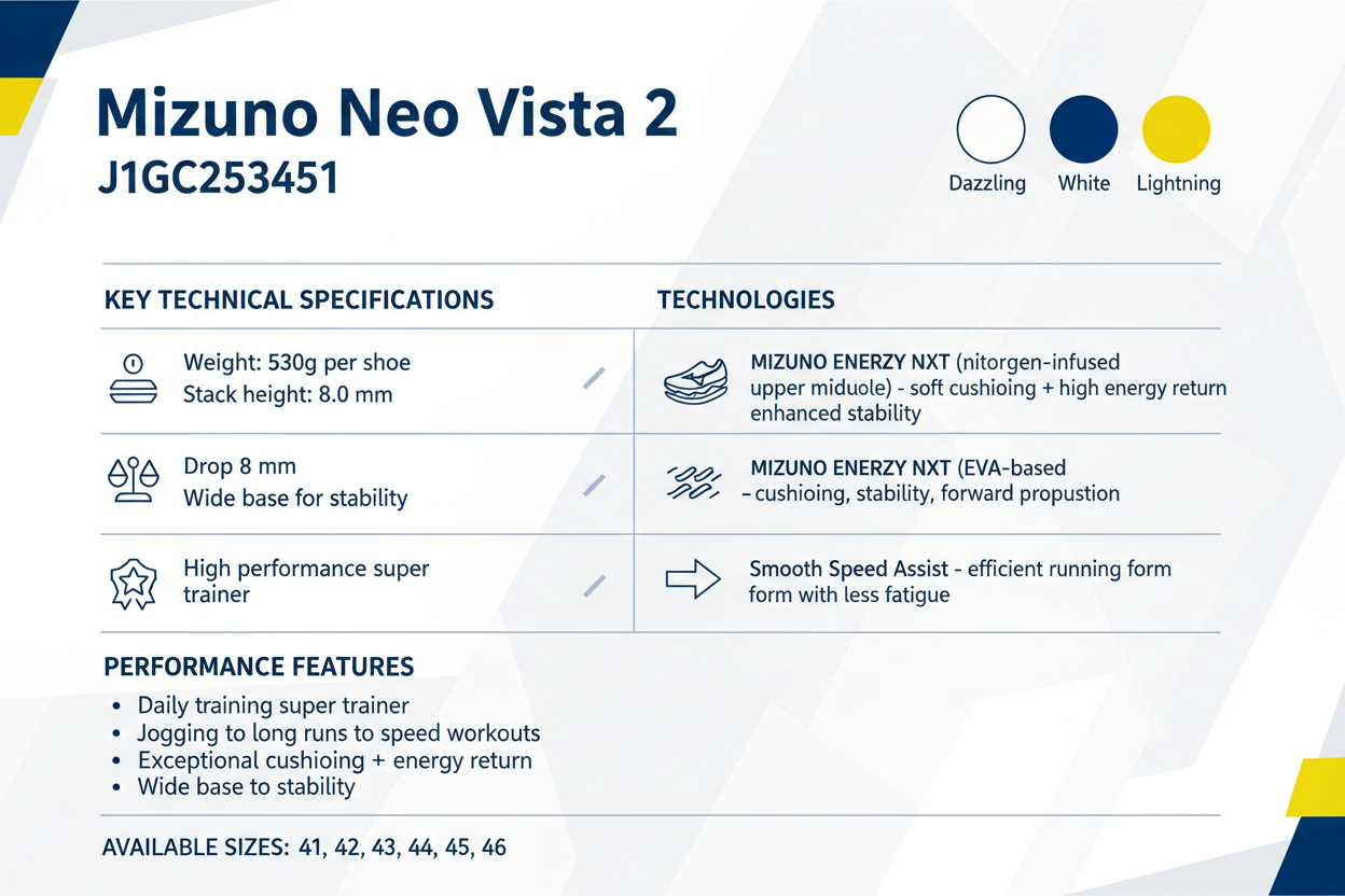 Specifiche tecniche Mizuno Neo Vista 2 J1GC253451: ENERZY NXT, WAVE, Smooth Speed Assist, drop 8mm, 530g