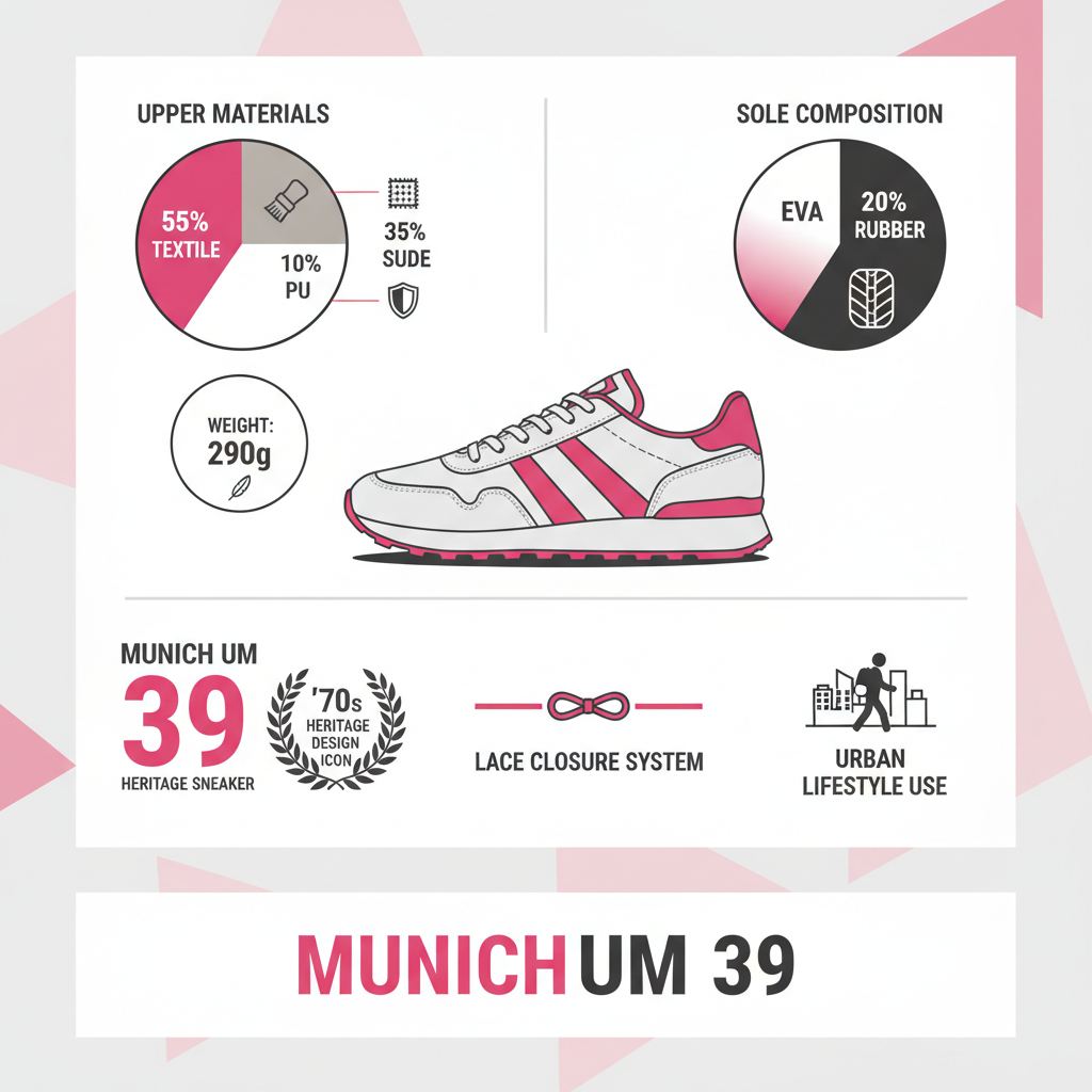 Infografica tecnica Munich Um 39: 55% tessuto 35% scamosciato 10% PU, suola EVA-gomma, peso 290g, heritage anni 70