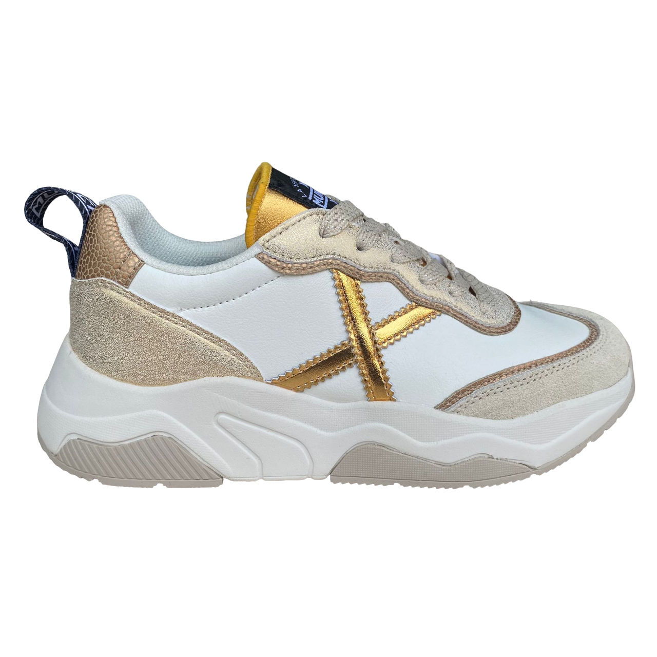 Sneakers Munich Wave 169 bianco-oro da donna, vista frontale con dettagli in oro
