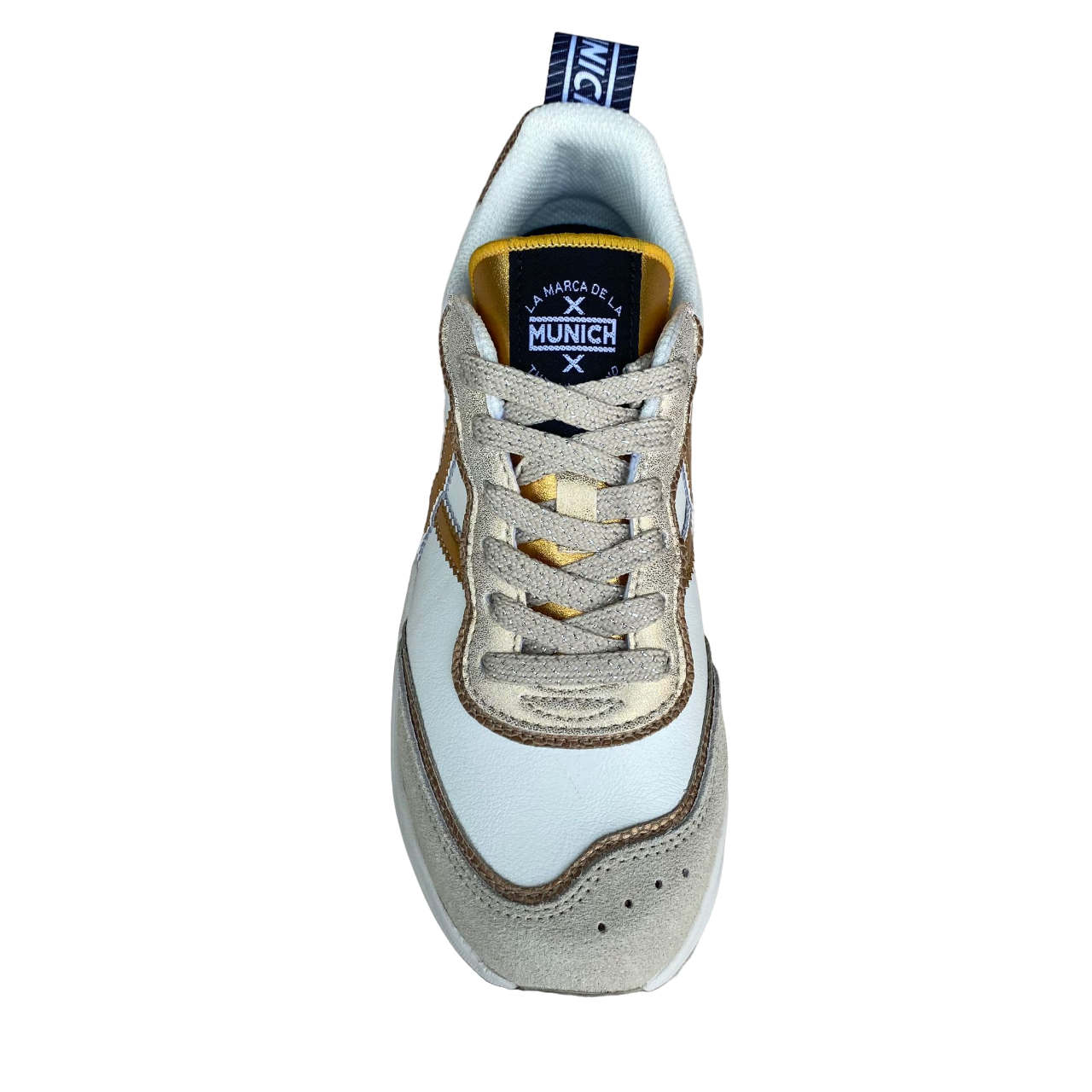 Sneakers Munich Wave 169 bianco-oro da donna, vista frontale con dettagli in oro