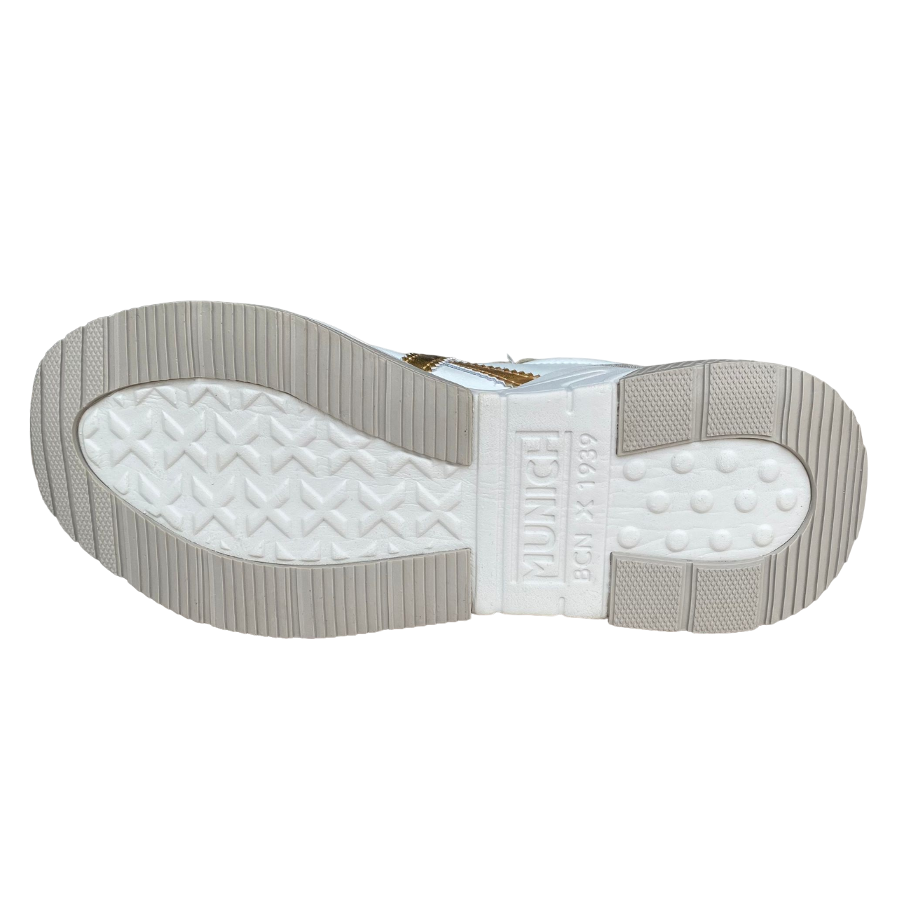 Sneakers Munich Wave 169 bianco-oro da donna, vista frontale con dettagli in oro