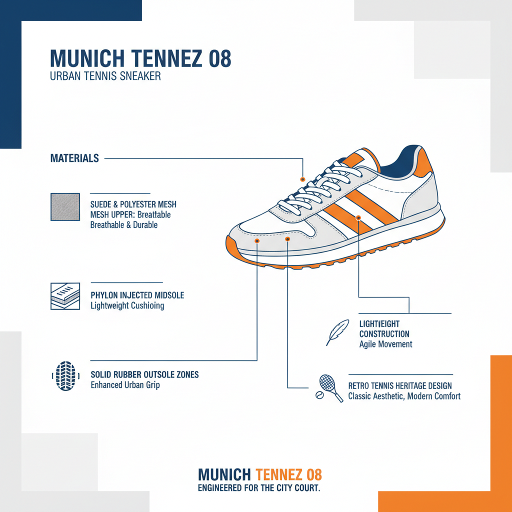 Infografica tecnica Munich Tennez 08: suede-mesh, Phylon iniettato, gomma grip urbano, peso 320g, tennis heritage