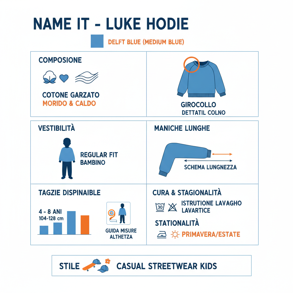 Infografica tecnica Name It felpa bambino Luke: composizione cotone garzato, girocollo, maniche lunghe, vestibilità regular, taglie 4-8 anni 104-128cm, lavaggio, colore blu delft PE26