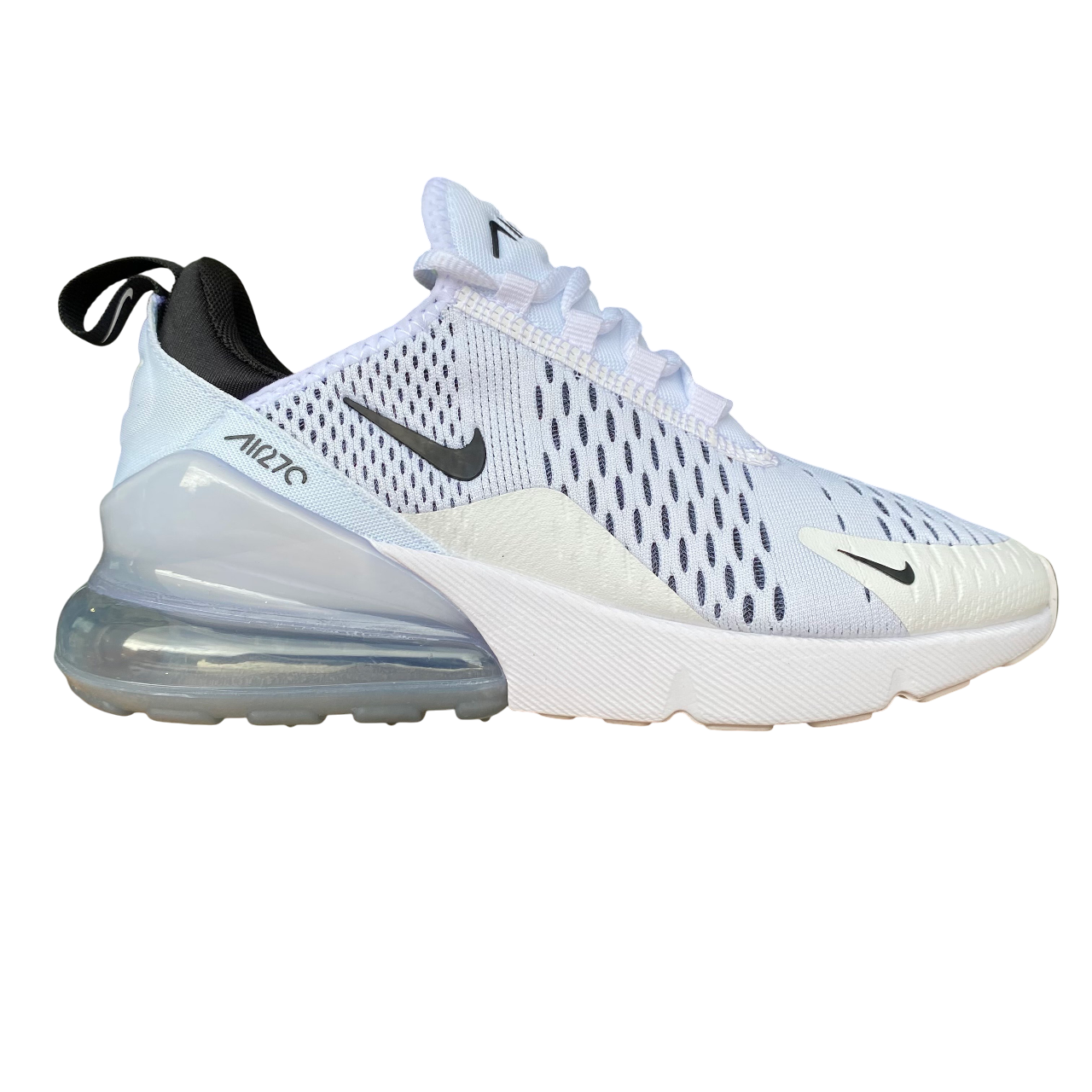 Nike Air Max 270 bianche da donna modello AH6789-100 con unità Air visibile, design moderno e comfort superiore per uso quotidiano e sportivo - esterno