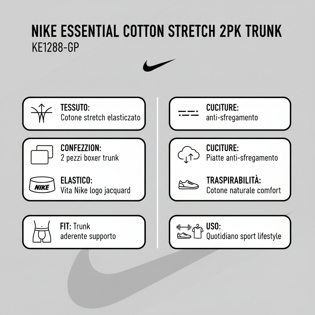Infografica tecnica Nike Essential Cotton Stretch KE1288-GP - specifiche boxer trunk cotone