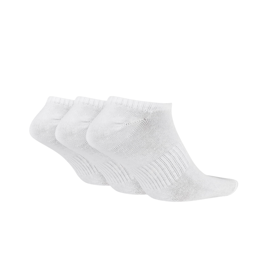 Set di 3 paia di calze fantasmini Nike Training SX7678-100 bianche, con tecnologia Dri-FIT e fascia di supporto sull'arco plantare, silhouette invisibile