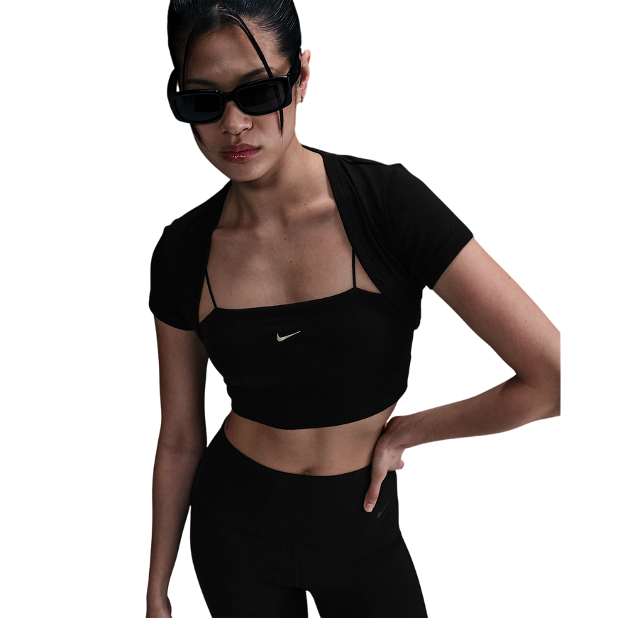 Nike Top corto da donna aderente 2 in 1 a mini costine HJ1299-010 nero