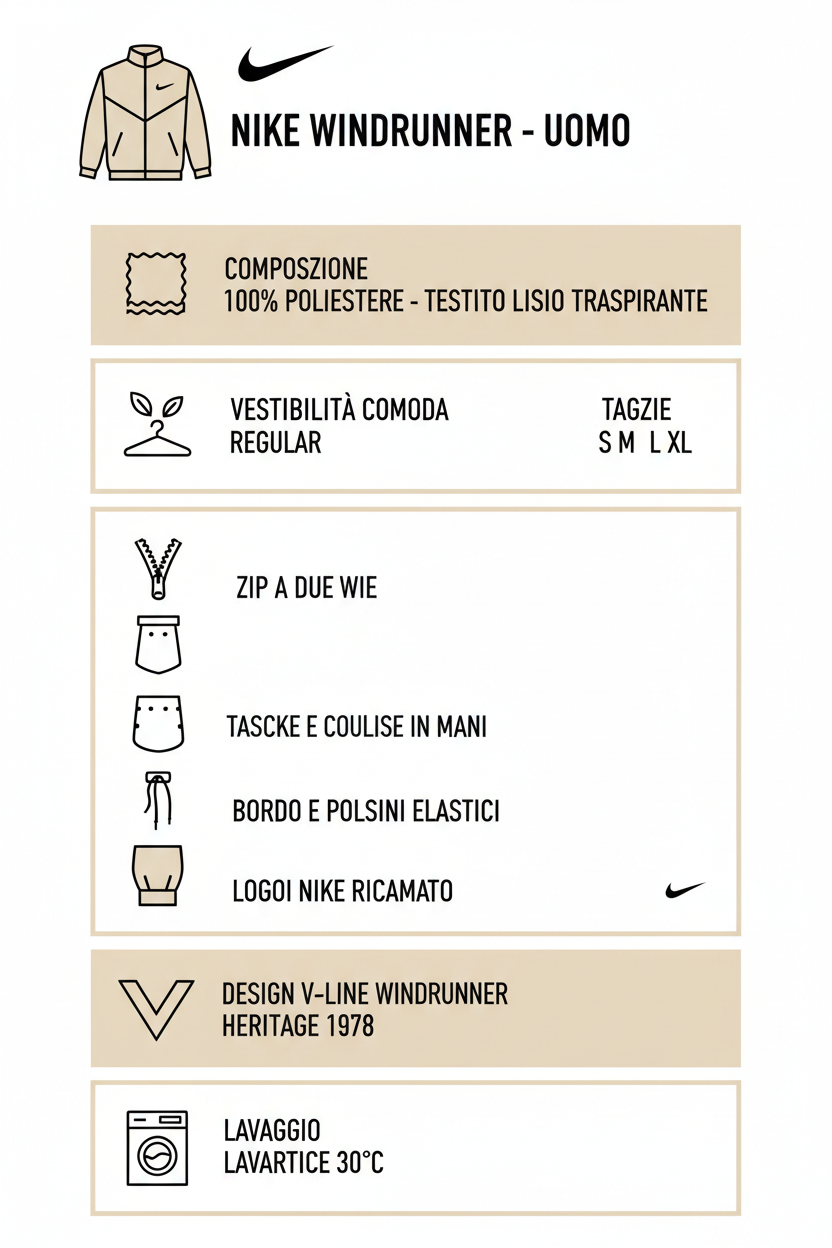 Infografica tecnica Nike Windrunner IF1623-011 - Specifiche materiali composizione taglie zip tasche lavaggio