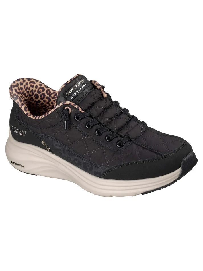 Skechers scarpa sneakers da donna Slip-ins Contour Foam Cozy Fit Leopard Dream 150419-BLK nera