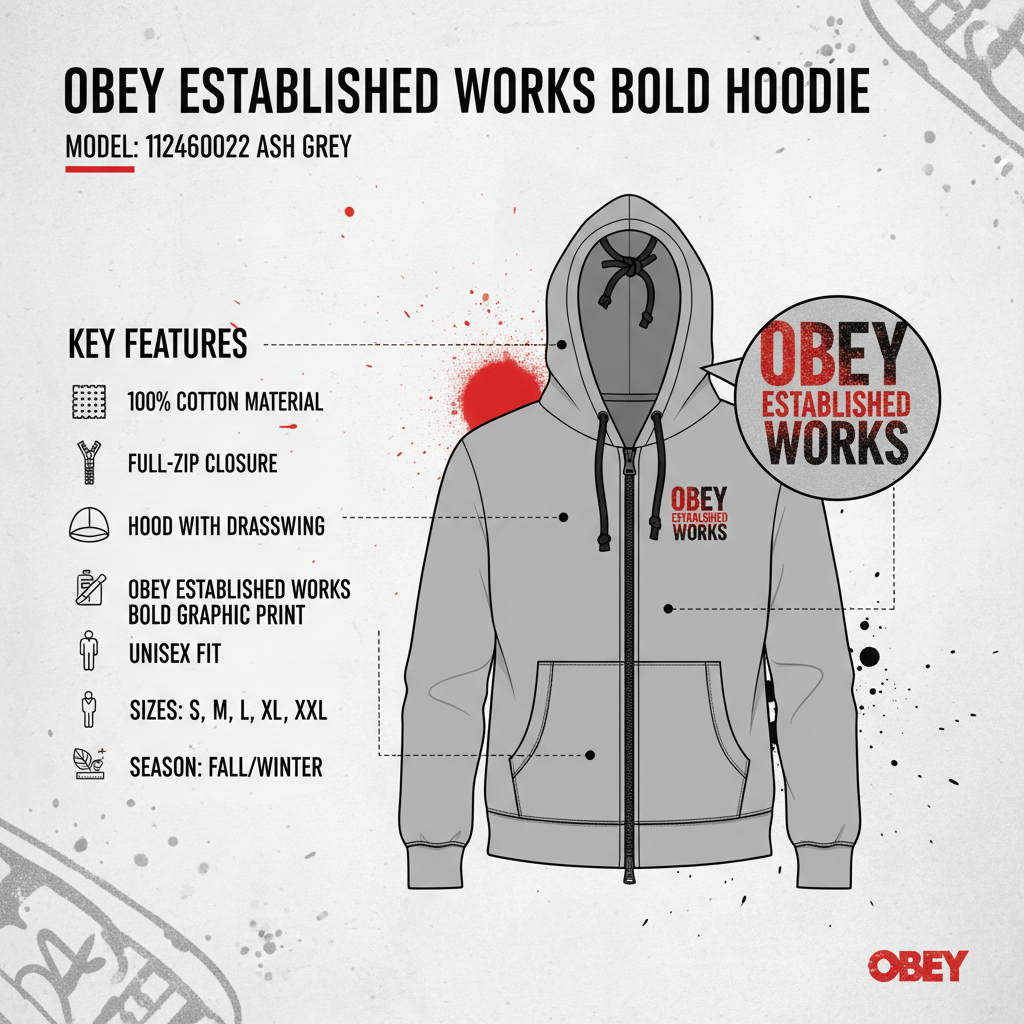 Infografica Obey Felpa Established Works Bold grigio cenere con specifiche cotone zip cappuccio