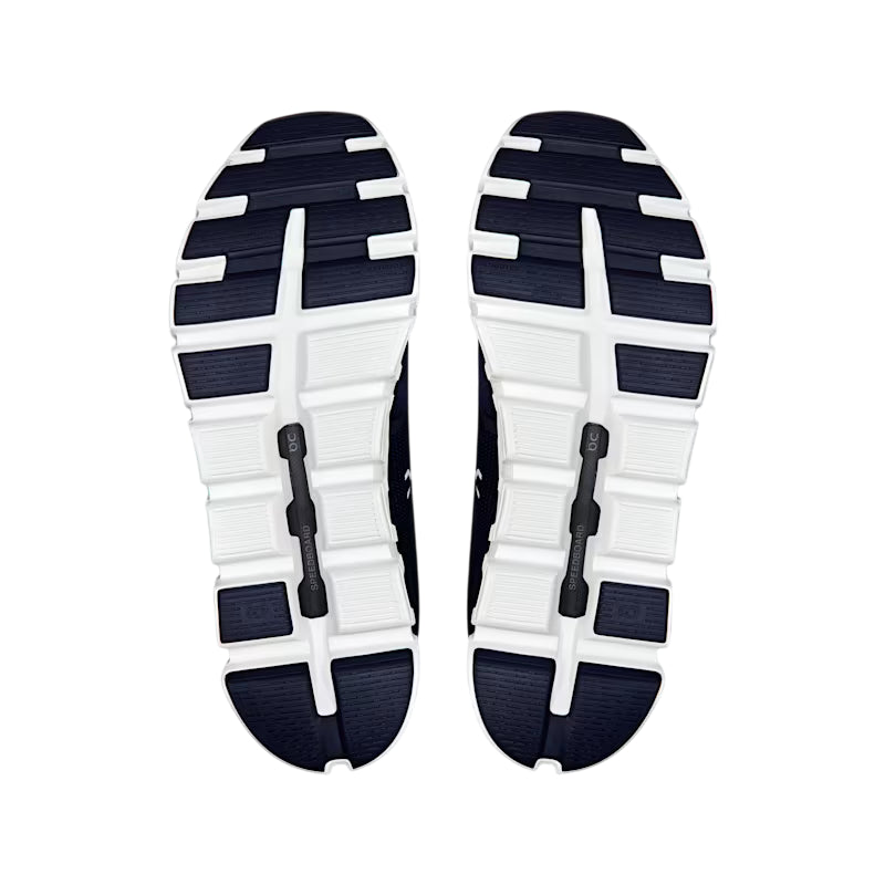 Dettaglio della suola CloudTec delle scarpe running On Cloud 6 uomo blu-bianco, tecnologia di ammortizzazione Zero-Gravity