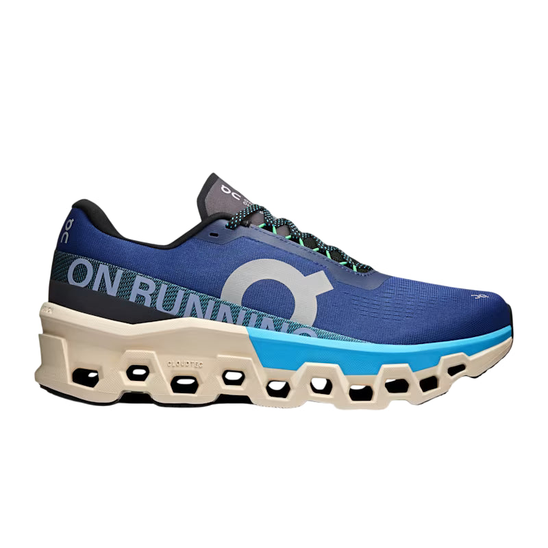 Scarpe running On Cloudmonster 2 uomo tempesta-orizzonte con CloudTec più grande di sempre, vista laterale che mostra l'ammortizzazione extra