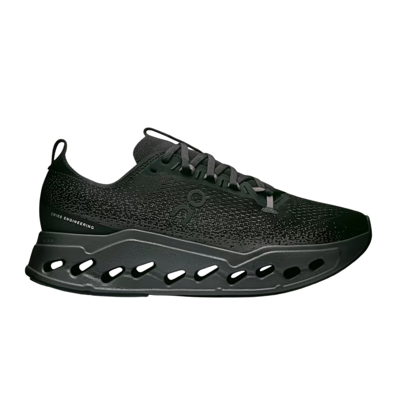 Scarpe running On Cloudsurfer Max uomo nero-eclissi con doppio strato CloudTec Phase, vista laterale che mostra l'ammortizzazione extra