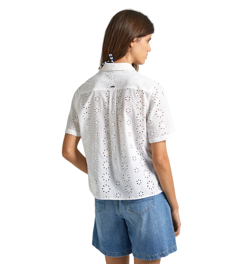 Pepe Jeans camicia manica corta da donna in popeline traforata sangallo Esty PL304810 800 bianco