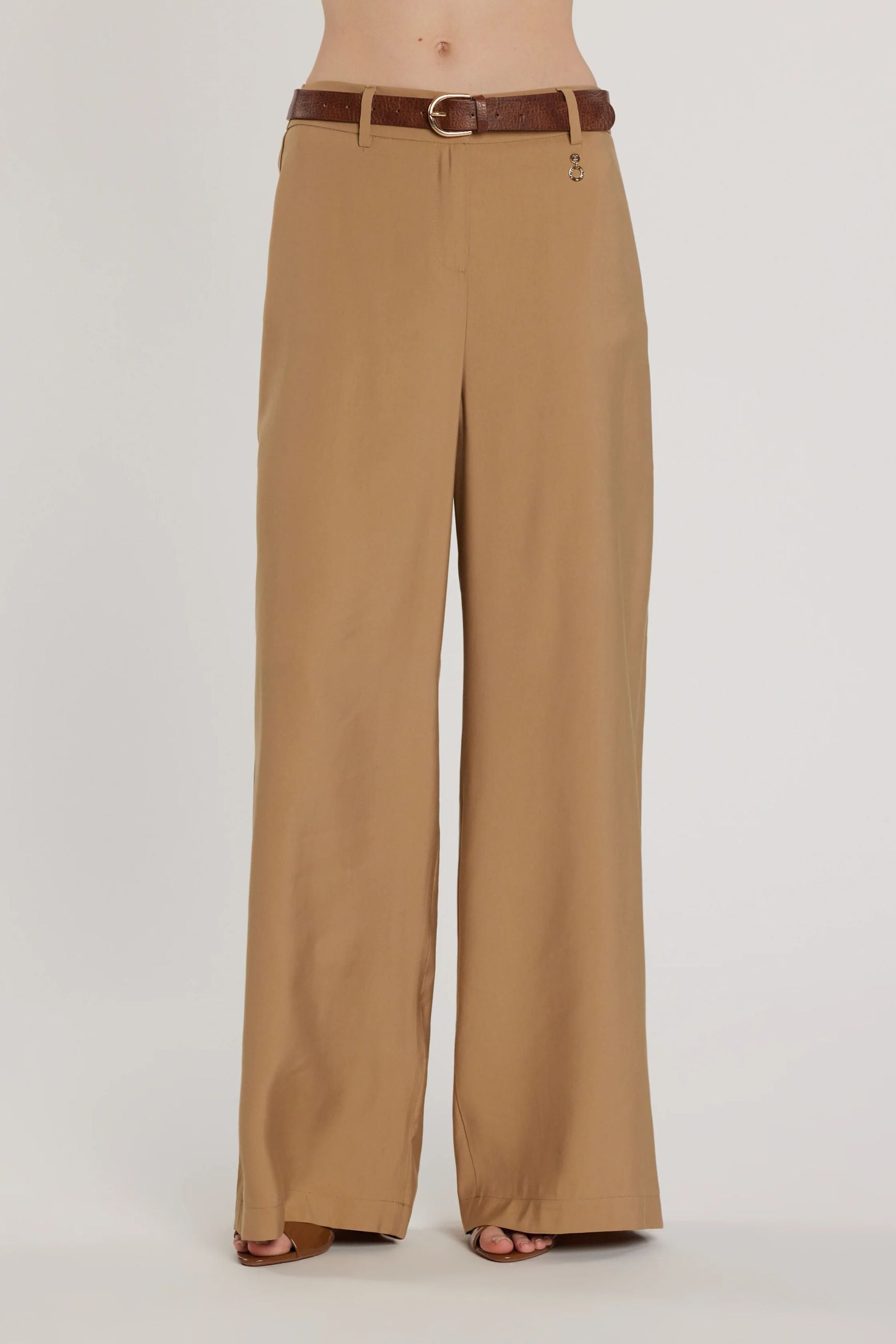 Pantalone PREZIOSA_P vita alta palazzo con cintura più tasche francesi più filetto RDP2607303065 tannin