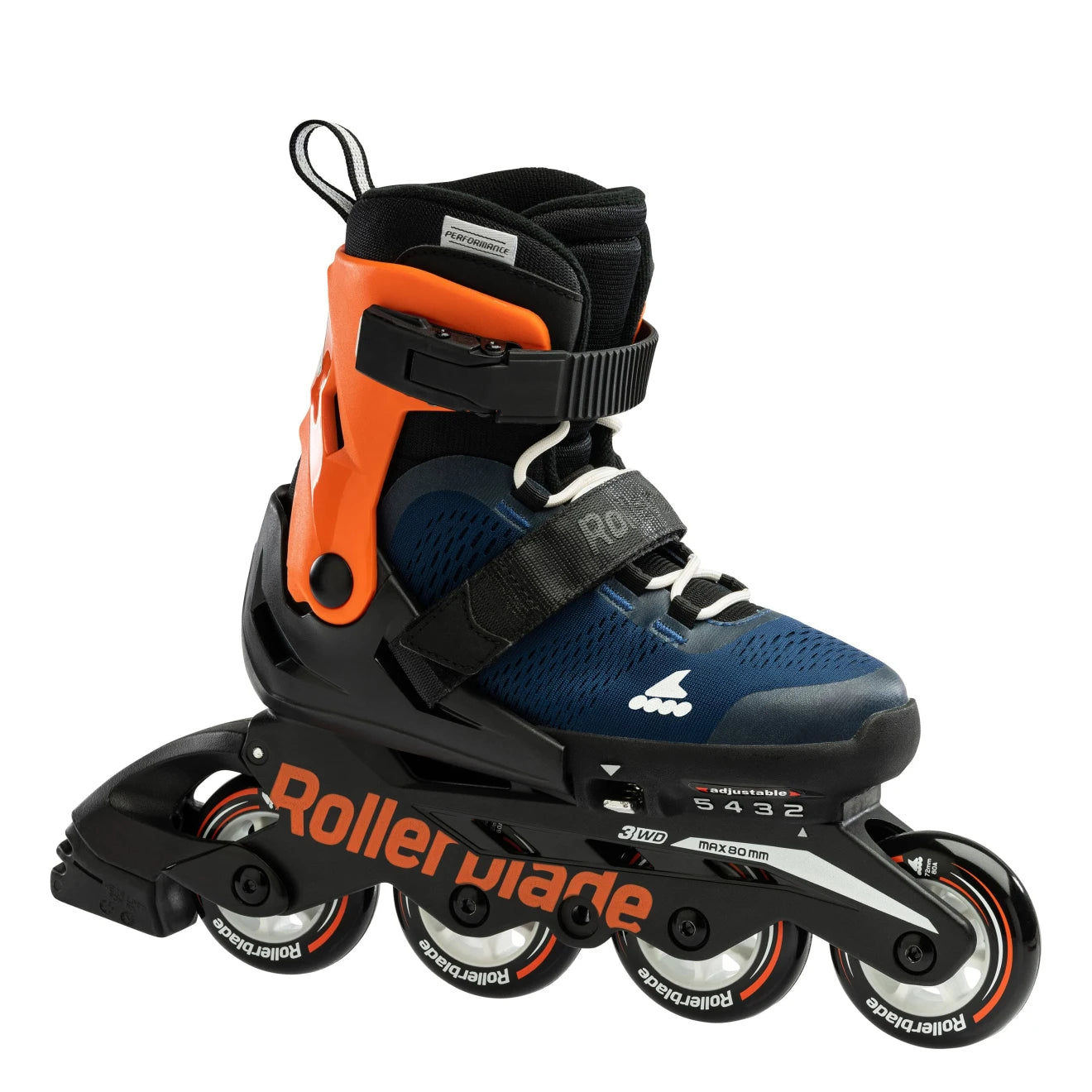 Rollerblade Microblade 07221900174 blu notte-arancio, pattino estensibile da ragazzi con sistema di regolazione su 4 taglie, scarpetta comfort e telaio performante