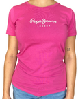 Pepe Jeans maglietta slim manica corta da donna con logo stampato New Virginia PL505202 378 rosa scuro