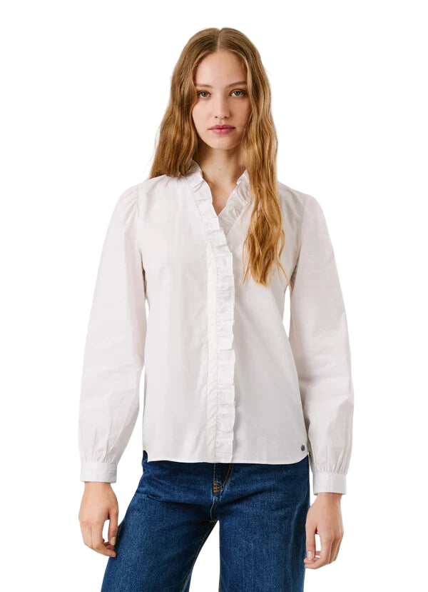 Pepe Jeans Camicia Donna PL3051246 PEARL Bianco 100% Cotone con Rouche – Eleganza, Comfort e Stile Unico