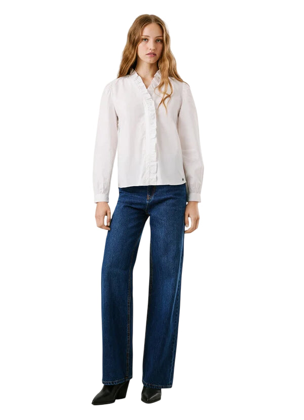 Pepe Jeans Camicia Donna PL3051246 PEARL Bianco 100% Cotone con Rouche – Eleganza, Comfort e Stile Unico - intero front 