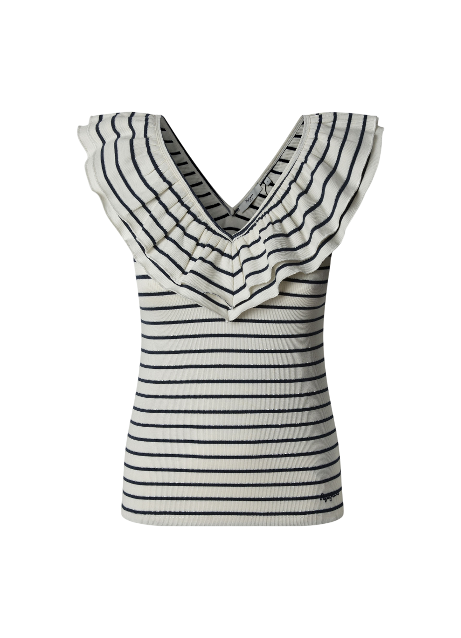 Pepe Jeans canotta con scollo a V in costine a righe con balza Valery PL506017 588 bianco-blu