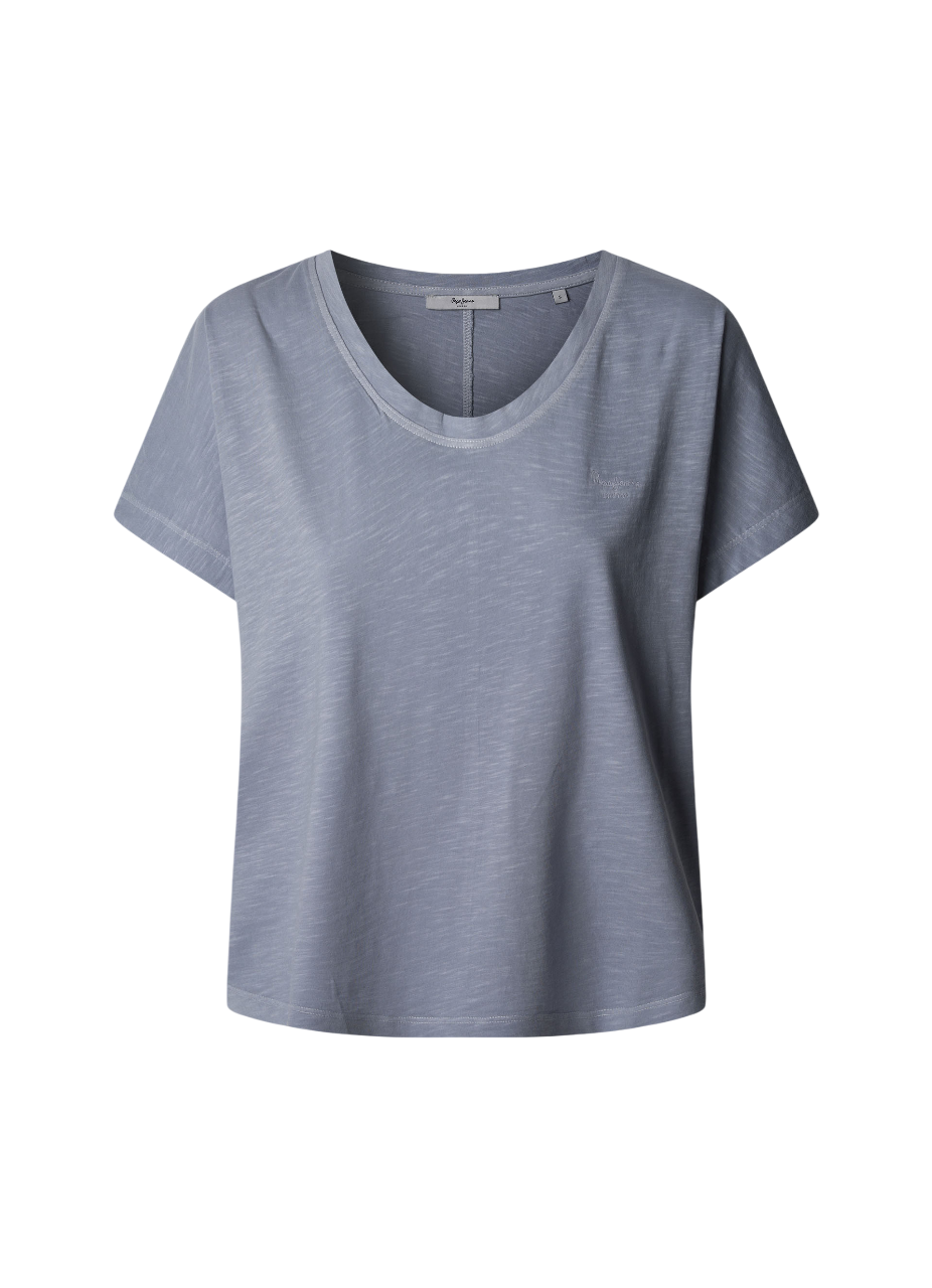 Pepe Jeans maglietta scollata manica corta da donna in cotone fiammato Malena PL506053 516 blu stordito