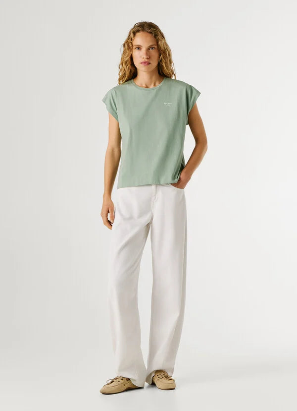 Pepe Jeans t-shirt slim fit con logo stampato da donna Bloom PL504821 610 bleach green