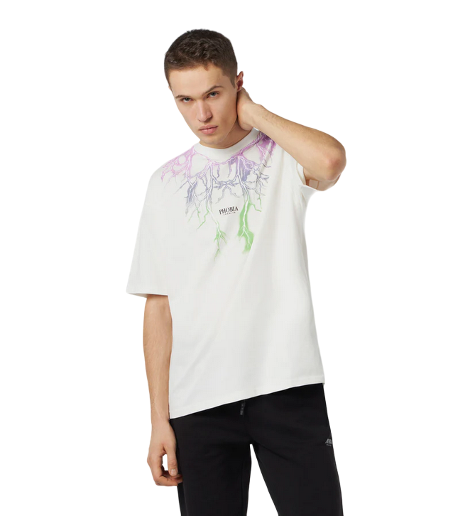 Phobia maglietta bianca manica corta da uomo PH00542 stampa fulmini bicolore viola-verde