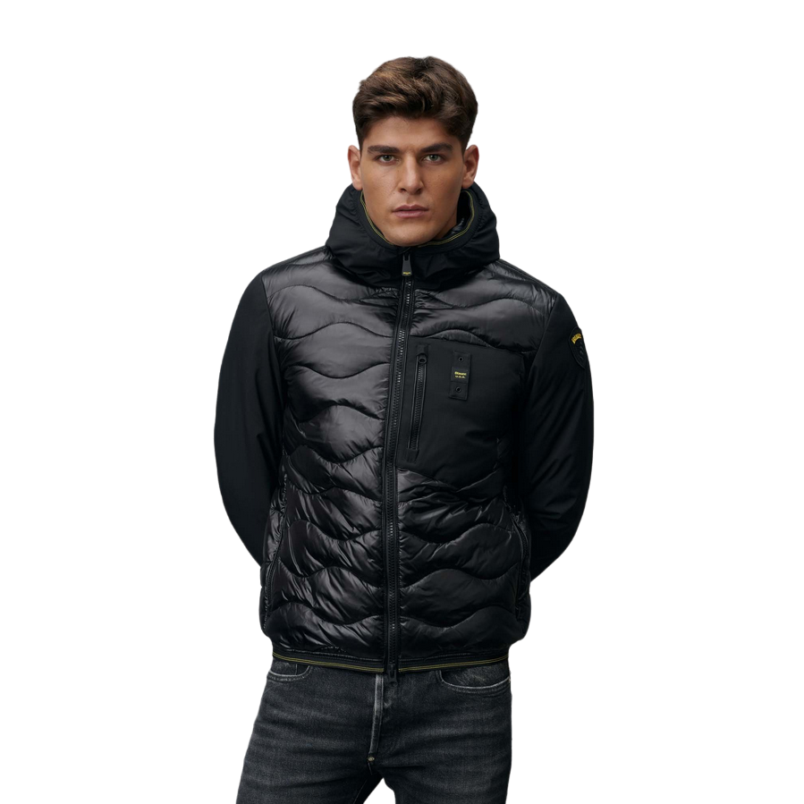 Piumino Blauer Albert nero da uomo modello 24WBLUC08034-006355 con imbottitura mista piuma-poliestere, nylon idrorepellente e design a onde - frontale