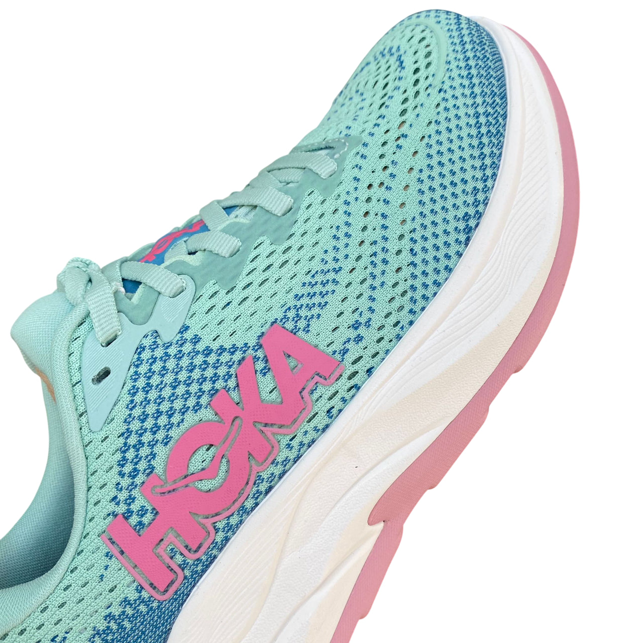 Profilo esterno Hoka One One Rincon 4 giadeite-blu con logo Hoka e design tecnico per running donna