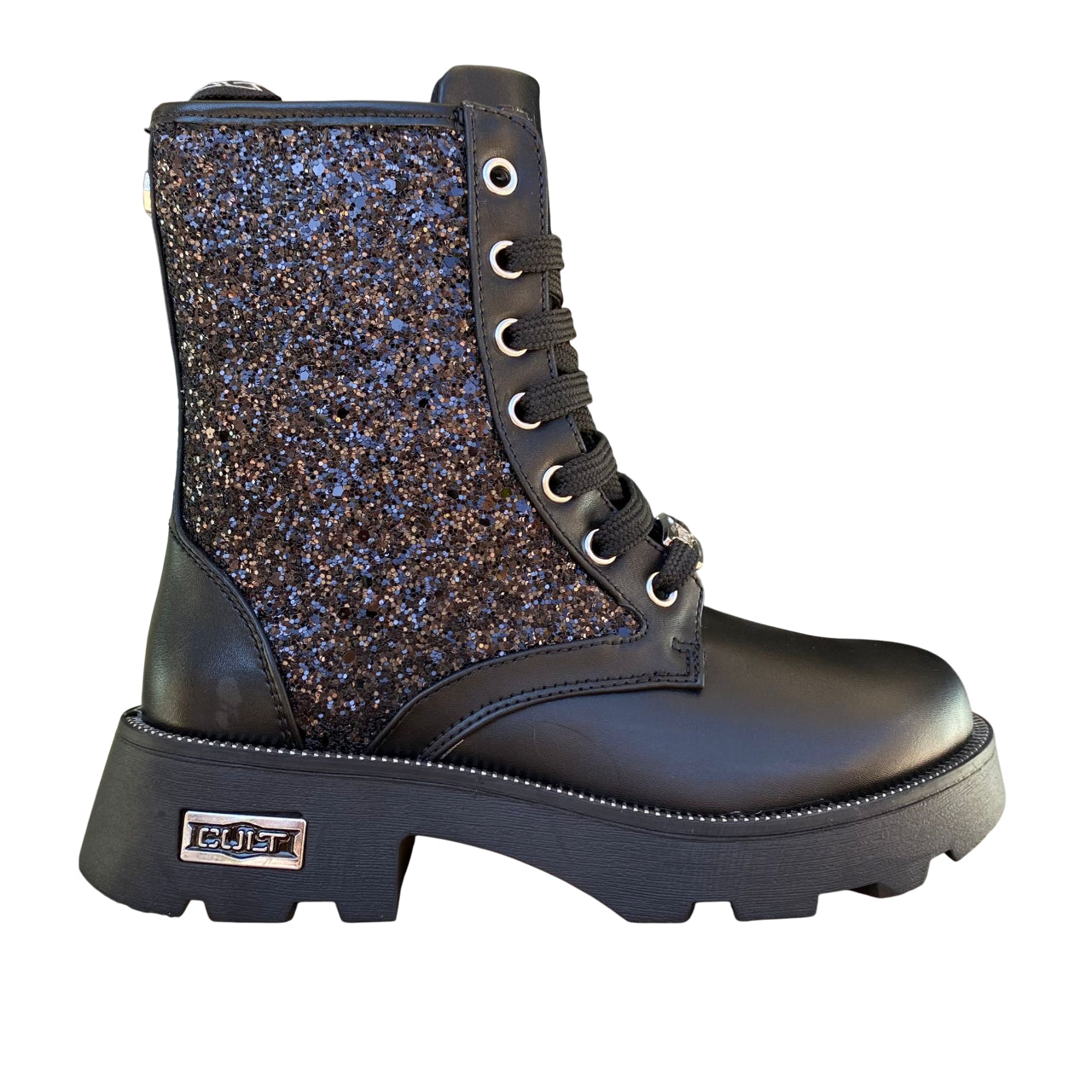 Profilo esterno stivaletto Cult ragazza glitter con logo Cult e design rock glamour brillante