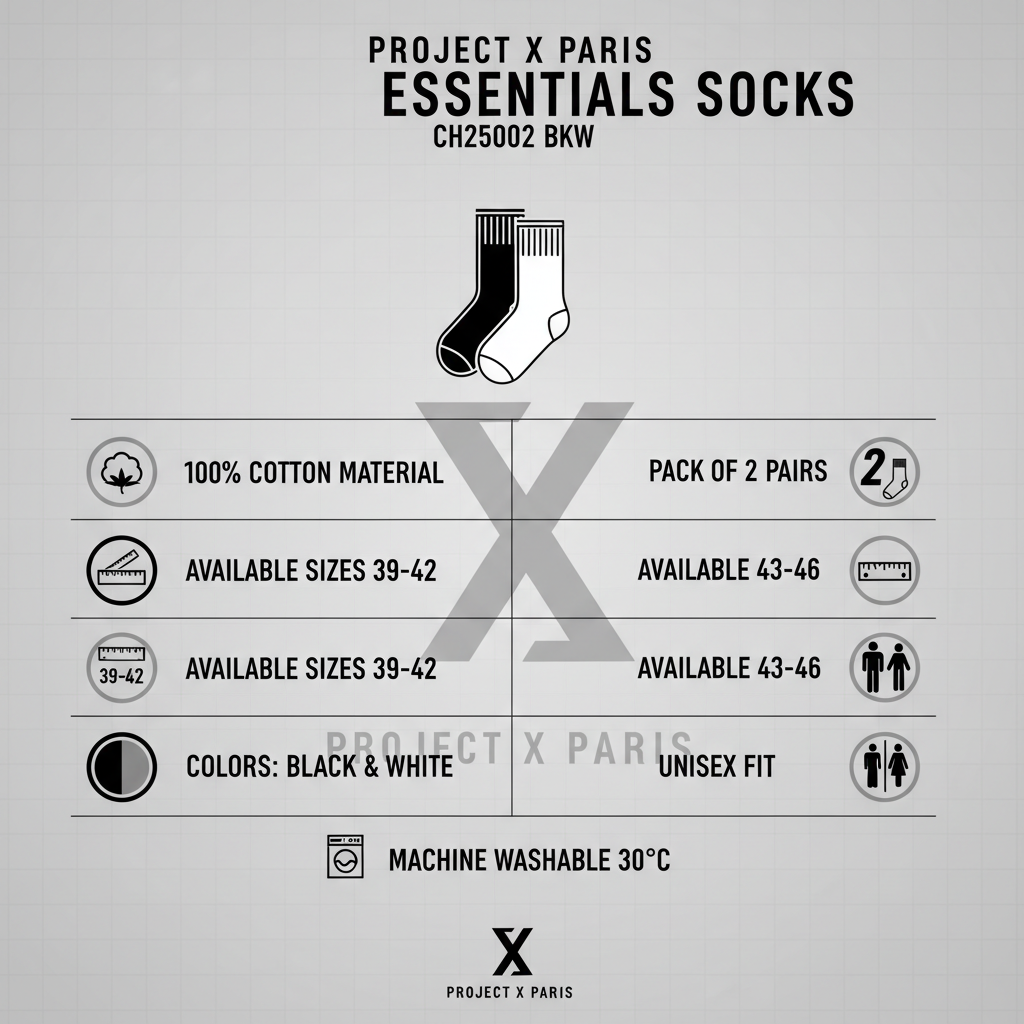 Infografica tecnica Project X Paris Calze Essentials CH25002 BKW - Caratteristiche materiali taglie lavaggio