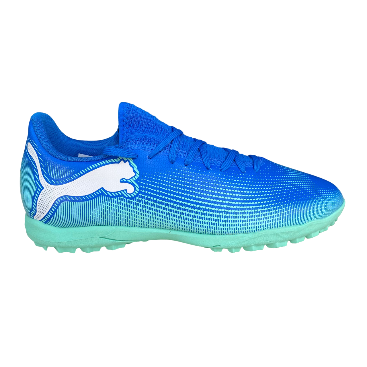 Scarpe da calcetto Puma Future 7 Play TT 107943-01 colore blu azzurro e menta con suola TT per superfici indoor