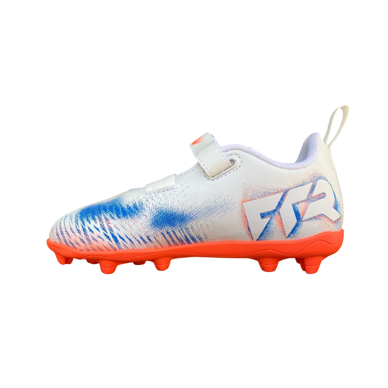 Scarpe calcio junior Puma Future 8 Play V 108630-01 bianco arancio vista laterale interno con design moderno e tomaia traspirante bianco arancio