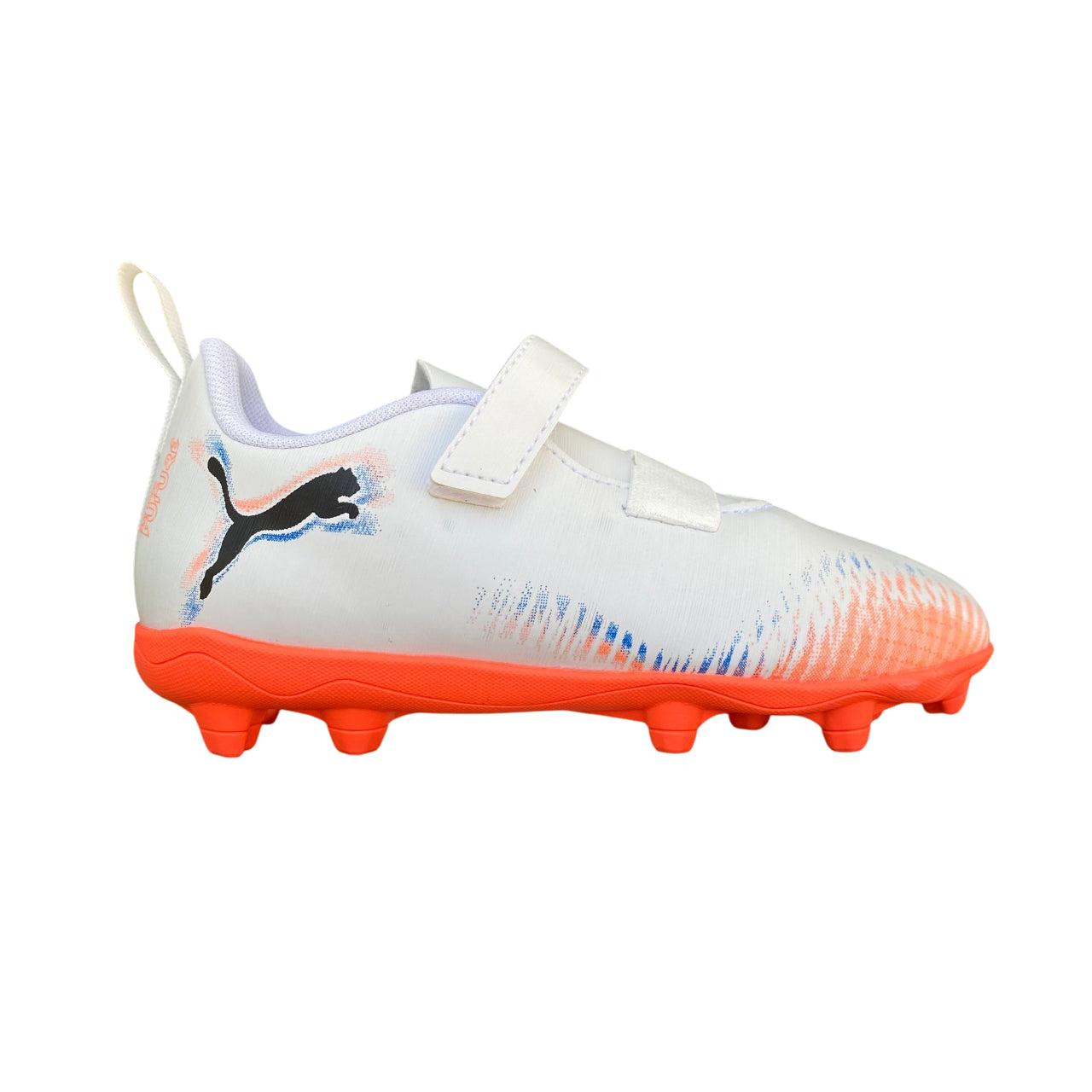 Scarpe calcio junior Puma Future 8 Play V 108630-01 bianco arancio vista laterale con chiusura velcro e tecnologia FG/AG