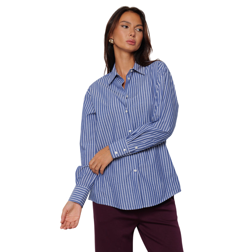 Relish – Camicia ASTERIAS_a Manica Lunga Blu con Strass e Riga Verticale RDA2503033003 | Eleganza Modern Glam e Stile Luminoso per una Femminilità Audace